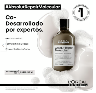 Shampoo Sin Sulfatos Reparacion Molecular Profunda Cabello Dañado Absolut Repair Molecular 300ml LOreal Professional